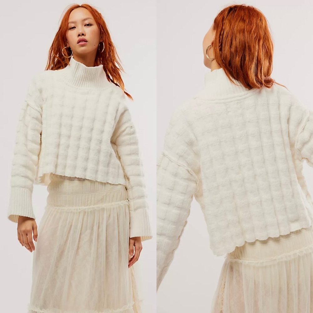 NWT Free People Soul Searcher Checkered Mock Neck Sweater Ivory